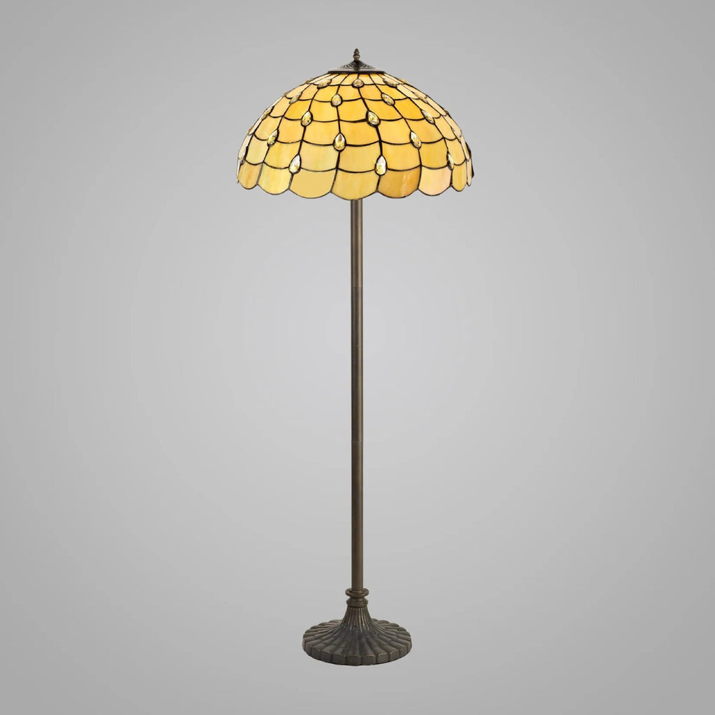 Novena Amboise 2 Light Tiffany Stepped Design Floor Lamp with 50cm Shade in Beige Clear Crystal Aged Antique Brass