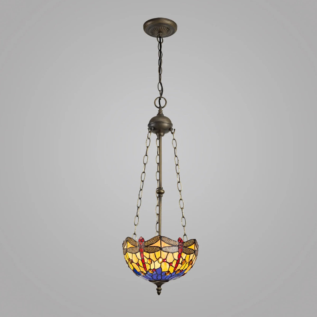 Novena Kourou 3 Light Tiffany Uplighter Pendant with 30cm Shade in Blue Orange Crystal Aged Antique Brass
