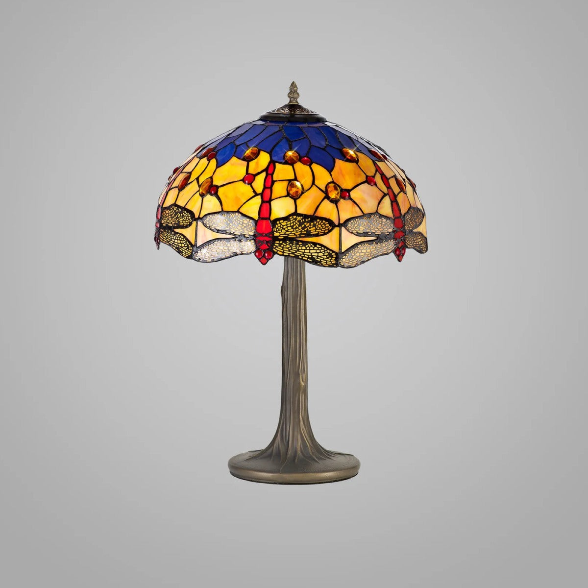 Novena Kourou 2 Light Tiffany Tree Like Table Lamp with 40cm Shade in Blue Orange Crystal Aged Antique Brass