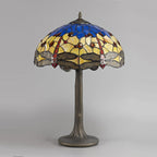 Novena Kourou 2 Light Tiffany Tree Like Table Lamp with 40cm Shade in Blue Orange Crystal Aged Antique Brass