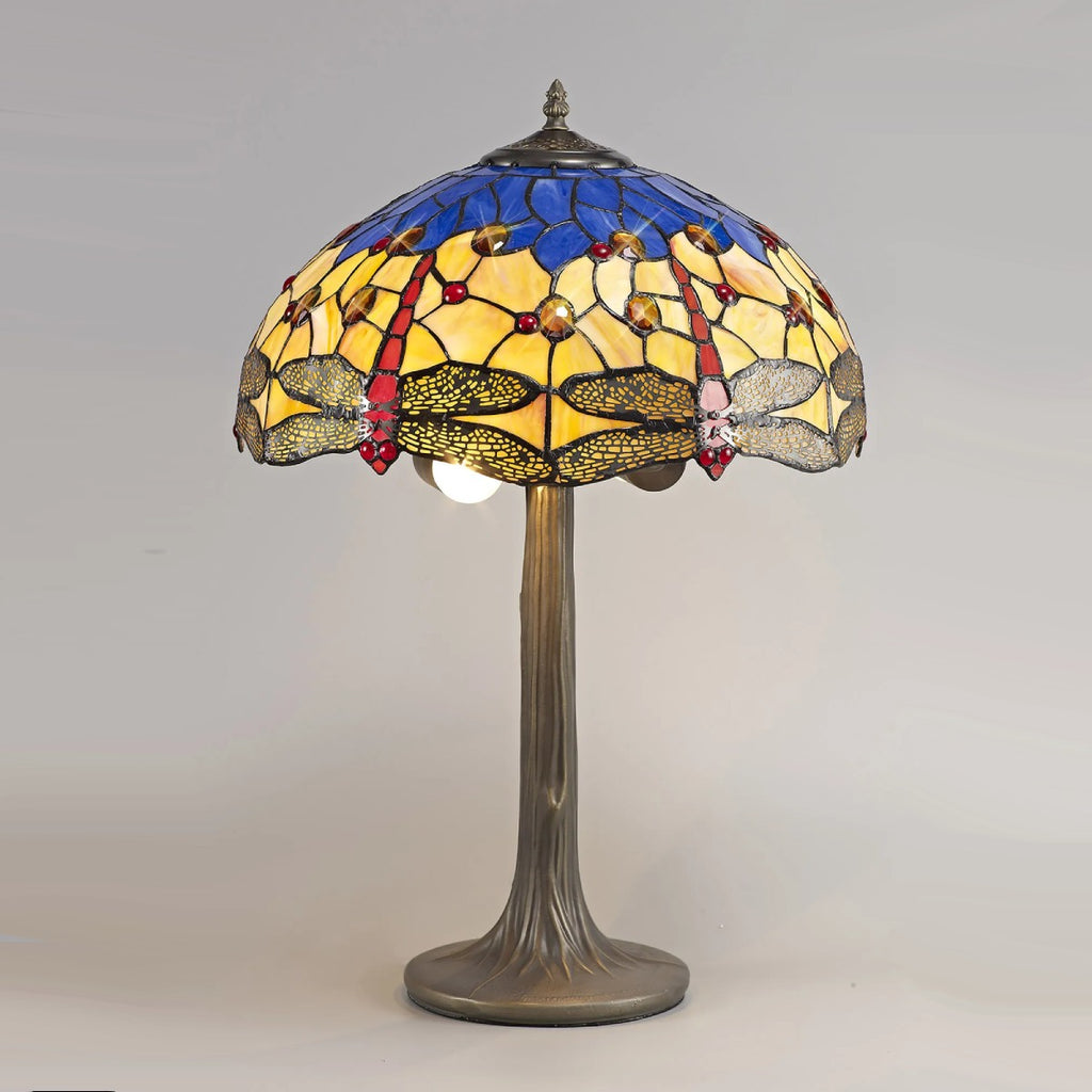 Novena Kourou 2 Light Tiffany Tree Like Table Lamp with 40cm Shade in Blue Orange Crystal Aged Antique Brass