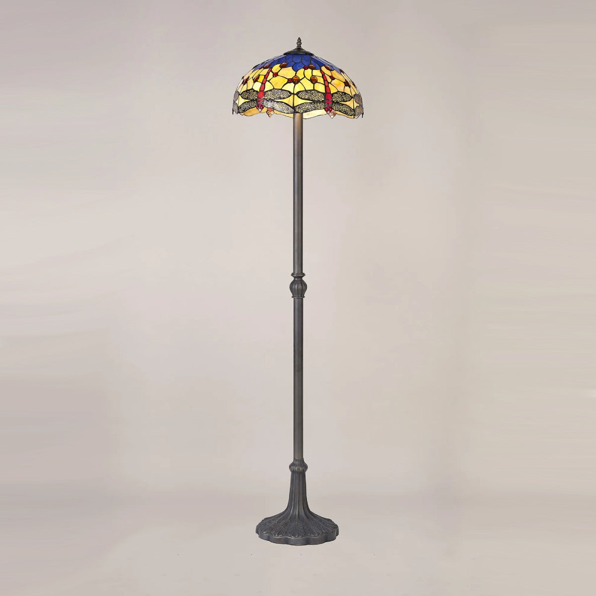 Novena Kourou 2 Light Tiffany Leaf Design Floor Lamp with 40cm Shade in Blue Orange Crystal Aged Antique Brass