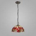 Novena Kourou 3 Light Tiffany Downlighter Pendant with 30cm Shade in Purple Pink Crystal Aged Antique Brass