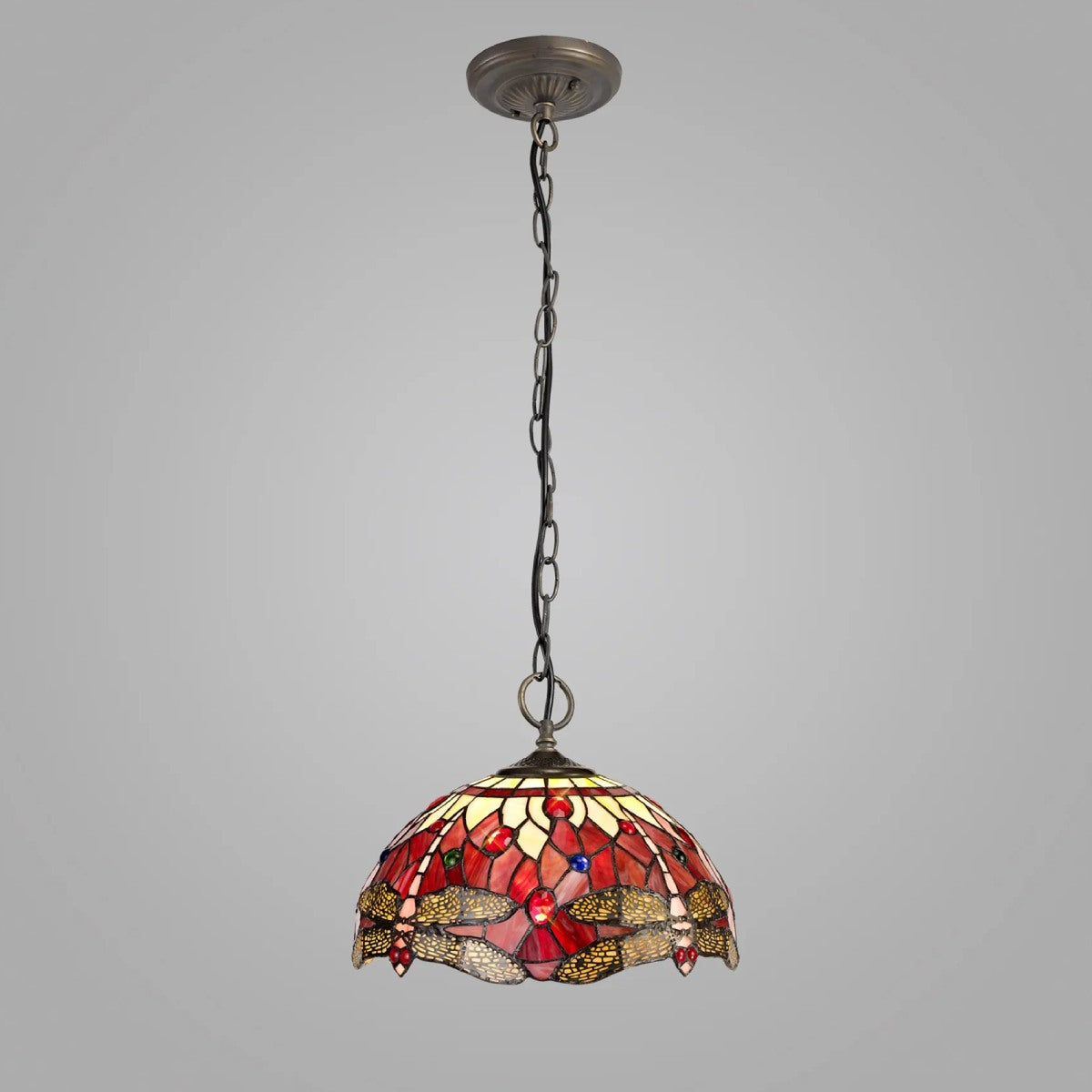 Novena Kourou 3 Light Tiffany Downlighter Pendant with 30cm Shade in Purple Pink Crystal Aged Antique Brass