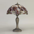 Novena Kourou 2 Light Tiffany Curved Table Lamp with 40cm Shade in Purple Pink Crystal Aged Antique Brass