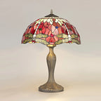Novena Kourou 2 Light Tiffany Curved Table Lamp with 40cm Shade in Purple Pink Crystal Aged Antique Brass