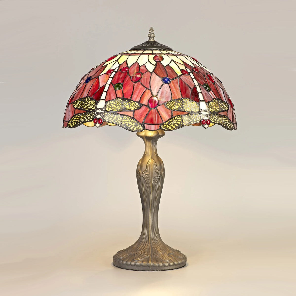 Novena Kourou 2 Light Tiffany Curved Table Lamp with 40cm Shade in Purple Pink Crystal Aged Antique Brass