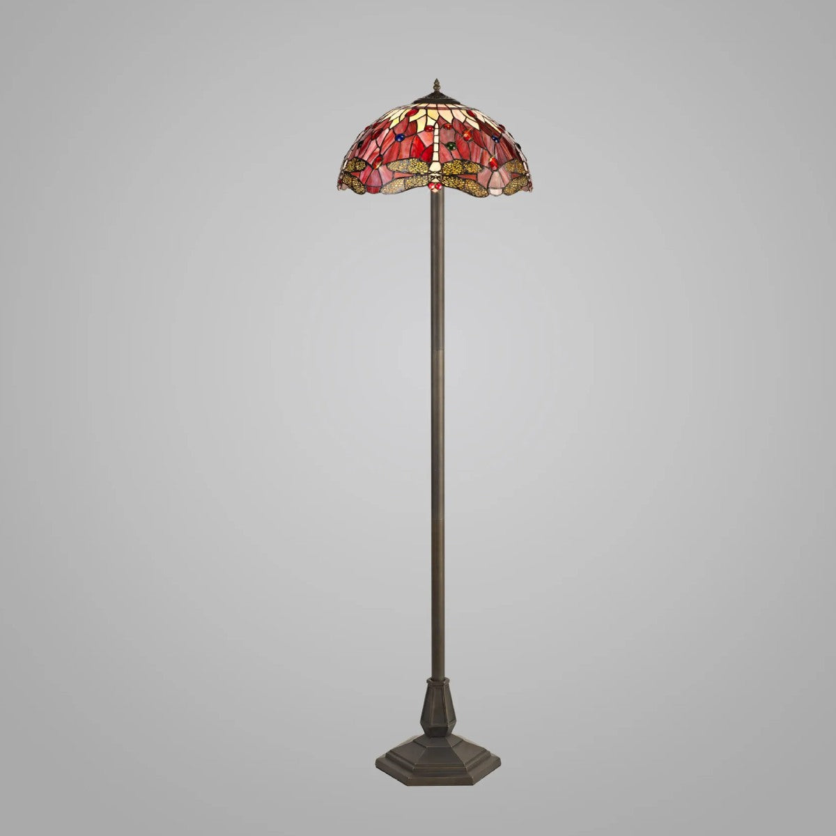 Novena Kourou 2 Light Tiffany Octagonal Floor Lamp with 40cm Shade in Purple Pink Crystal Aged Antique Brass