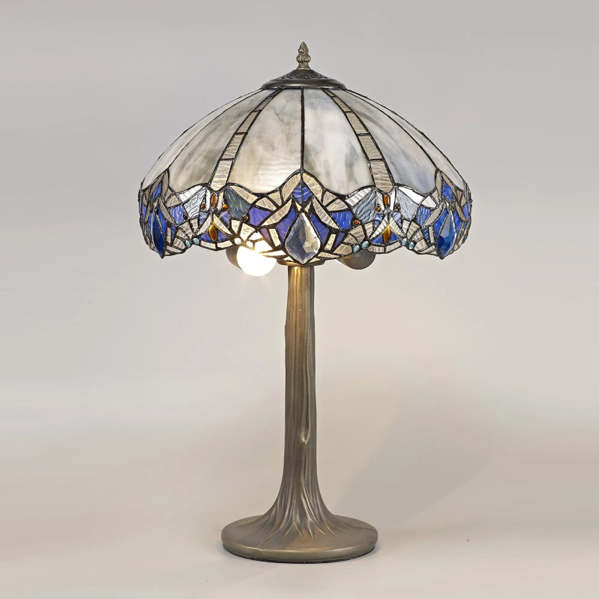 Novena Maries 2 Light Tiffany Tree Like Table Lamp with 40cm Shade in Blue Clear Crystal Aged Antique Brass