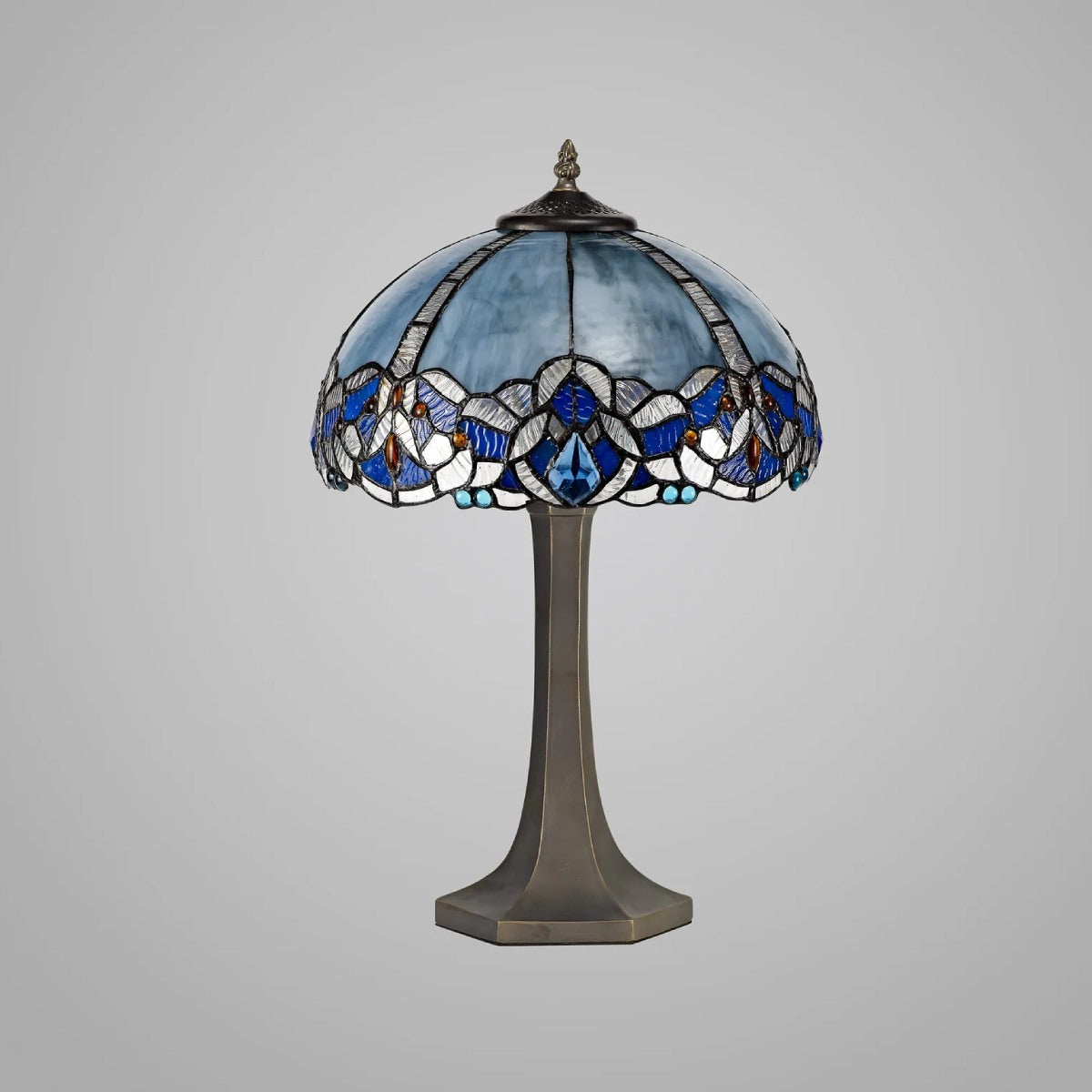 Novena Maries 2 Light Tiffany Octagonal Table Lamp with 40cm Shade in Blue Clear Crystal Aged Antique Brass