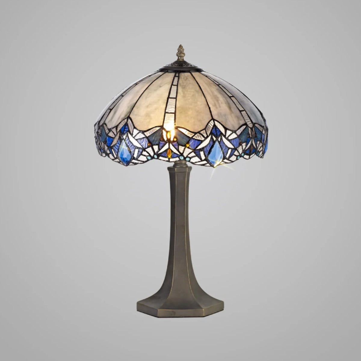 Novena Maries 2 Light Tiffany Octagonal Table Lamp with 40cm Shade in Blue Clear Crystal Aged Antique Brass