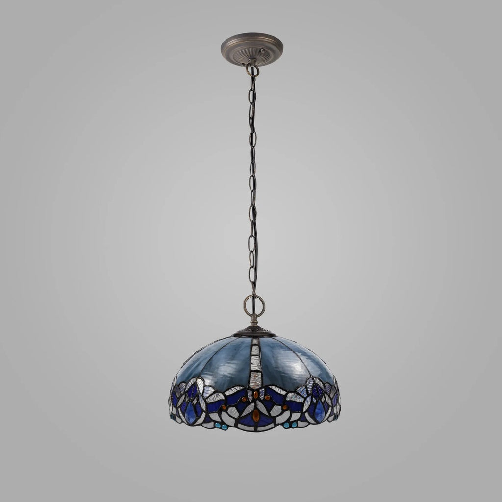 Novena Maries 3 Light Tiffany Downlight Pendant with 40cm Shade in Blue Clear Crystal Aged Antique Brass