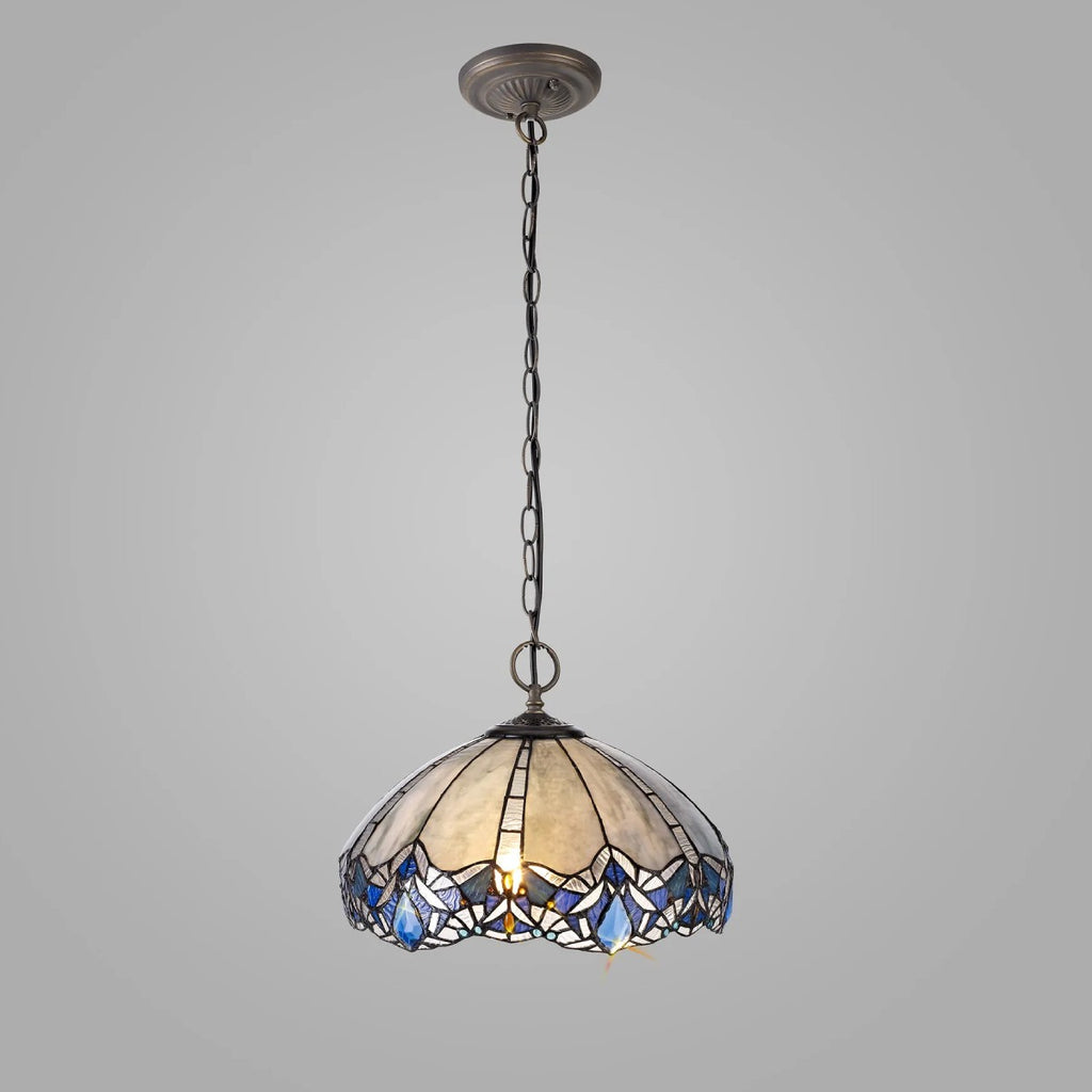 Novena Maries 3 Light Tiffany Downlight Pendant with 40cm Shade in Blue Clear Crystal Aged Antique Brass