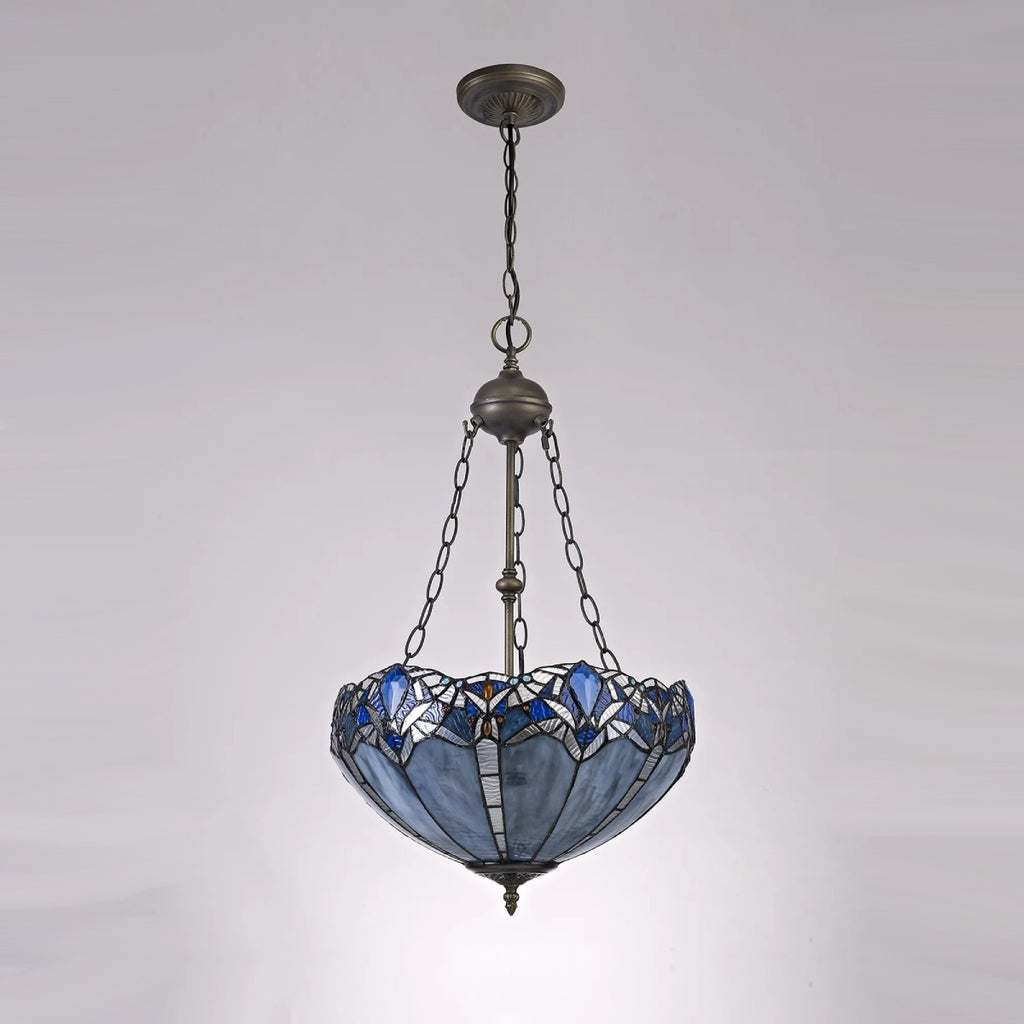 Novena Maries 2 Light Tiffany Uplighter Pendant with 40cm Shade in Blue Clear Crystal Aged Antique Brass