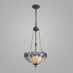 Novena Maries 3 Light Tiffany Uplighter Pendant with 40cm Shade in Blue Clear Crystal Aged Antique Brass