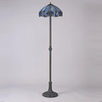 Novena Maries 2 Light Tiffany Leaf Design Floor Lamp with 40cm Shade in Blue Clear Crystal Aged Antique Brass