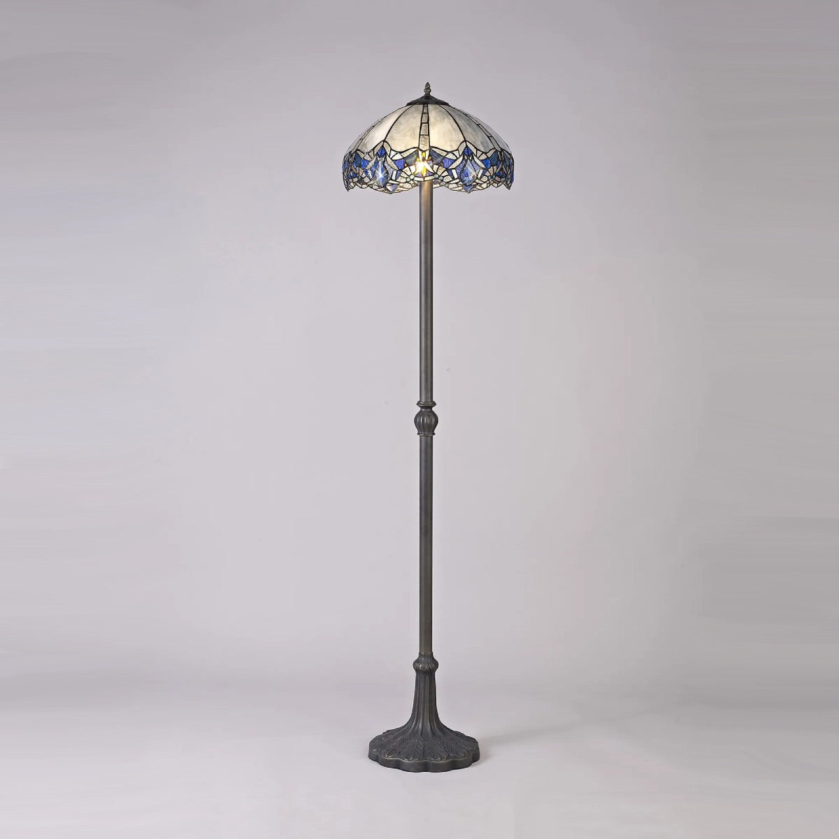 Novena Maries 2 Light Tiffany Leaf Design Floor Lamp with 40cm Shade in Blue Clear Crystal Aged Antique Brass