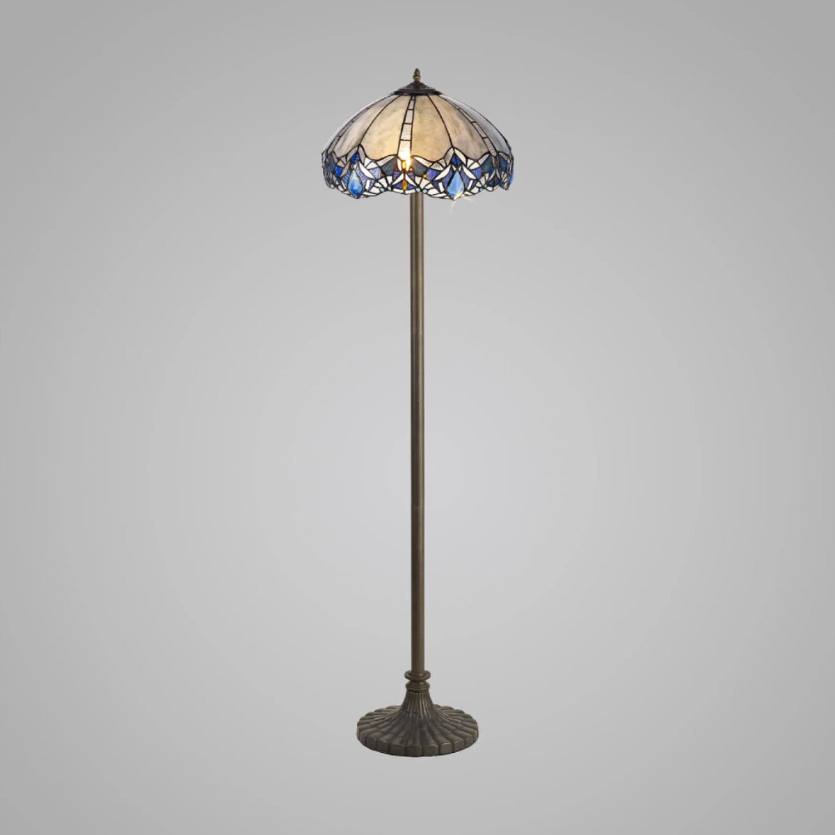 Novena Maries 2 Light Tiffany Stepped Design Floor Lamp with 40cm Shade in Blue Clear Crystal Aged Antique Brass