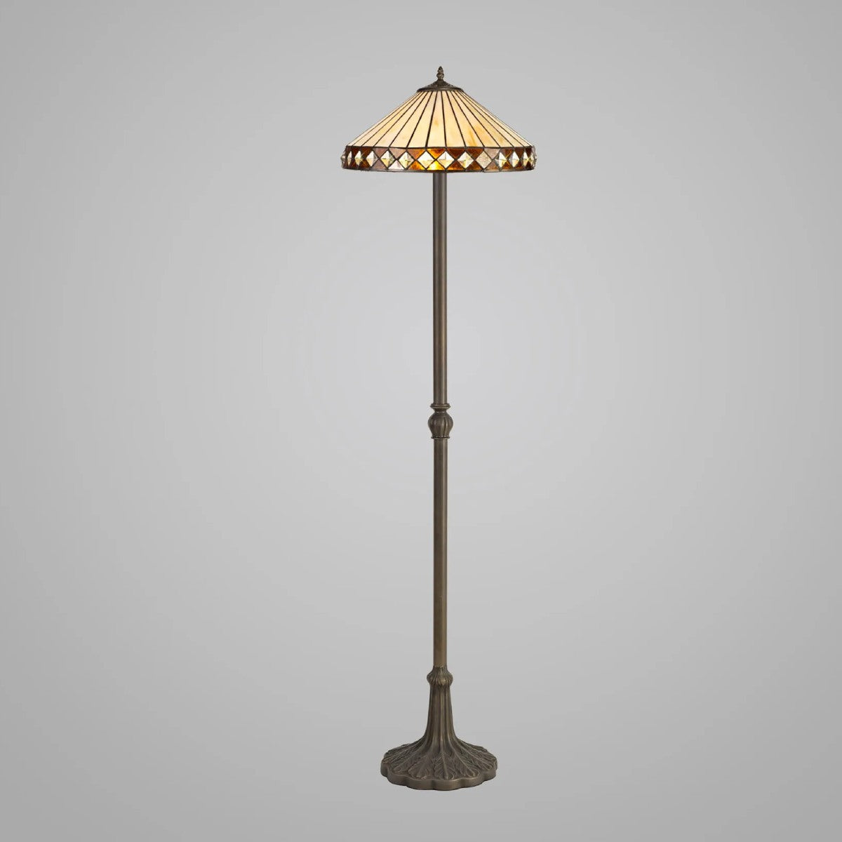 Novena Douai 2 Light Tiffany Leaf Design Floor Lamp with 40cm Shade in Amber Cream Crystal Aged Antique Brass