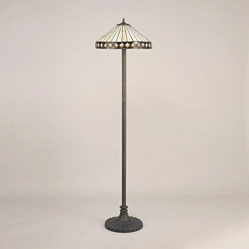 Novena Douai 2 Light Tiffany Stepped Design Floor Lamp with 40cm Shade in Amber Cream Crystal Aged Antique Brass