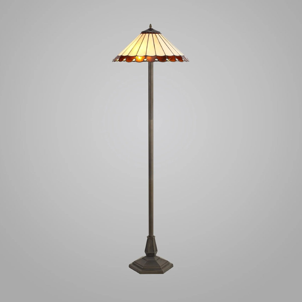Novena Livin 2 Light Tiffany Octagonal Floor Lamp with 40cm Shade in Amber Cream Crystal Aged Antique Brass