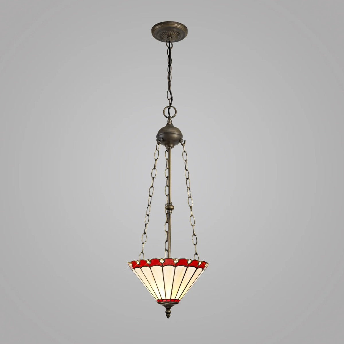 Novena Livin 3 Light Tiffany Uplighter Pendant with 30cm Shade in Red Cream Crystal Aged Antique Brass