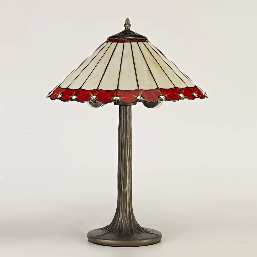 Novena Livin 2 Light Tiffany Tree Like Table Lamp with 40cm Shade in Red Cream Crystal Aged Antique Brass