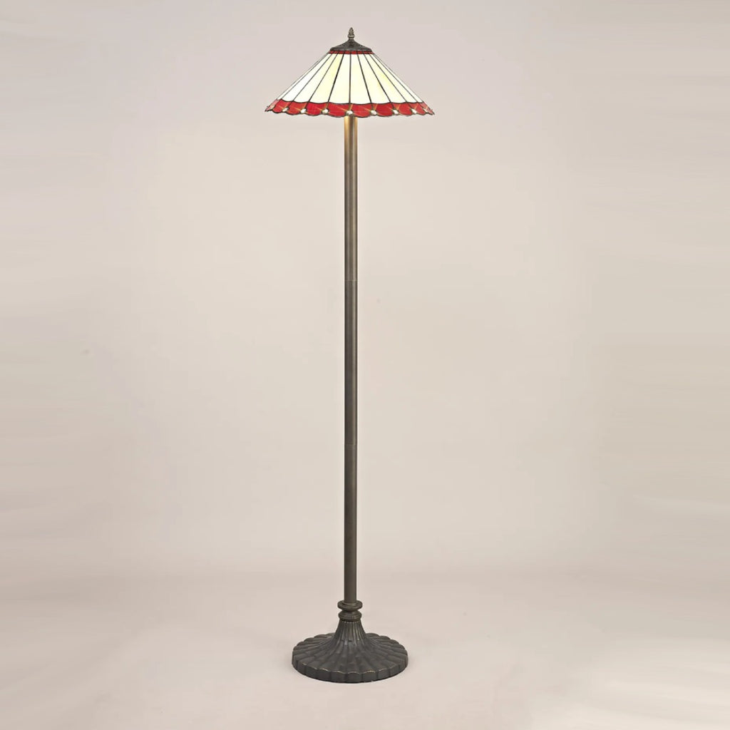 Novena Livin 2 Light Tiffany Stepped Design Floor Lamp with 40cm Shade in Red Cream Crystal Aged Antique Brass