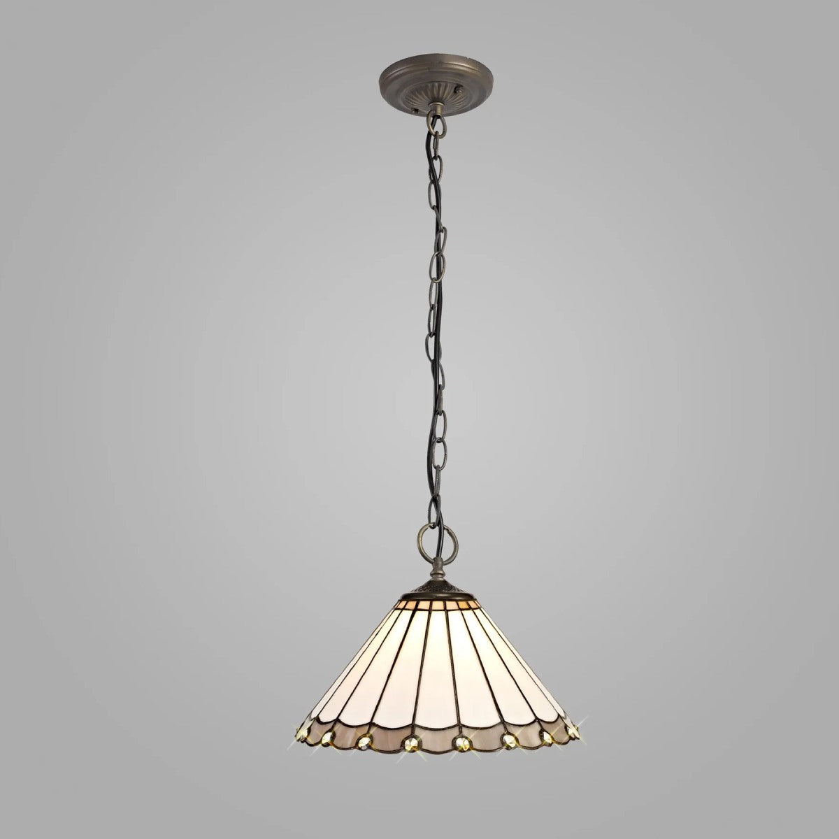 Novena Livin 3 Light Tiffany Downlighter Pendant with 30cm Shade in Grey Cream Crystal Aged Antique Brass