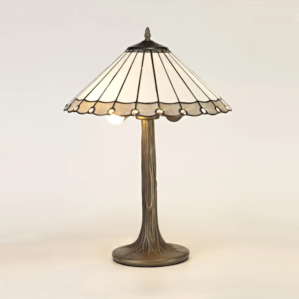 Novena Livin 2 Light Tiffany Tree Like Table Lamp with 40cm Shade in Grey Cream Crystal Aged Antique Brass
