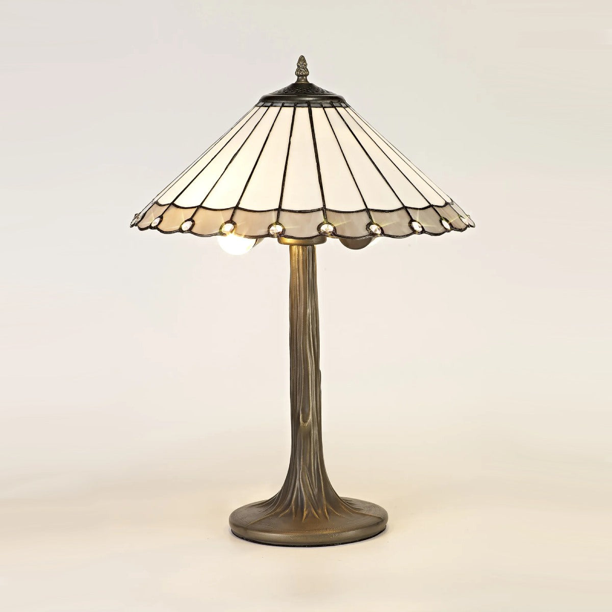 Novena Livin 2 Light Tiffany Tree Like Table Lamp with 40cm Shade in Grey Cream Crystal Aged Antique Brass