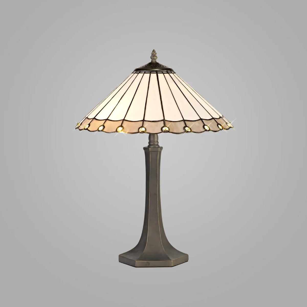 Novena Livin 2 Light Tiffany Octagonal Table Lamp with 40cm Shade in Grey Cream Crystal Aged Antique Brass