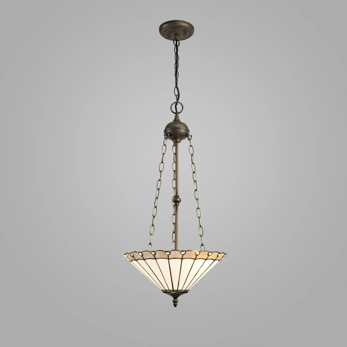 Novena Livin 3 Light Tiffany Uplighter Pendant with 40cm Shade in Grey Cream Crystal Aged Antique Brass