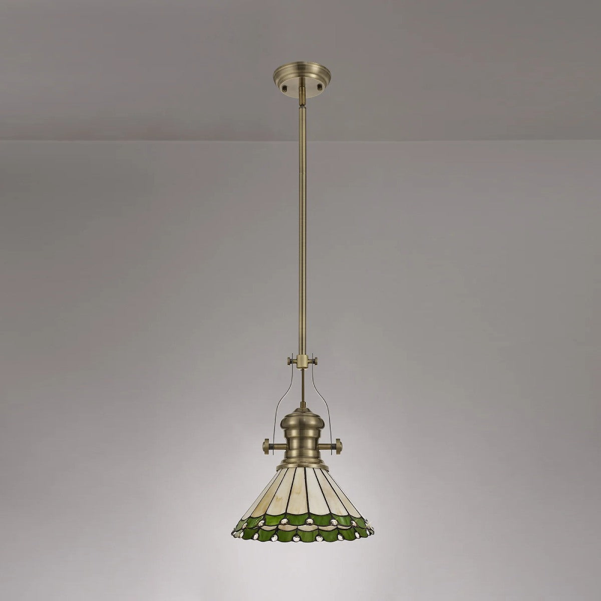 Novena Livin Ursula 1 Light Tiffany Telescopic Pendant with 30cm Shade in Antique Brass Green Cream Crystal