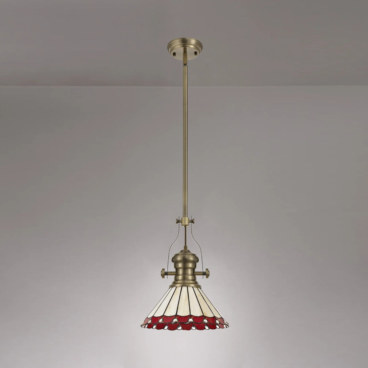 Novena Livin Ursula 1 Light Tiffany Telescopic Pendant with 30cm Shade in Antique Brass Red Cream Crystal