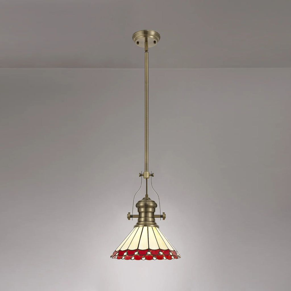 Novena Livin Ursula 1 Light Tiffany Telescopic Pendant with 30cm Shade in Antique Brass Red Cream Crystal