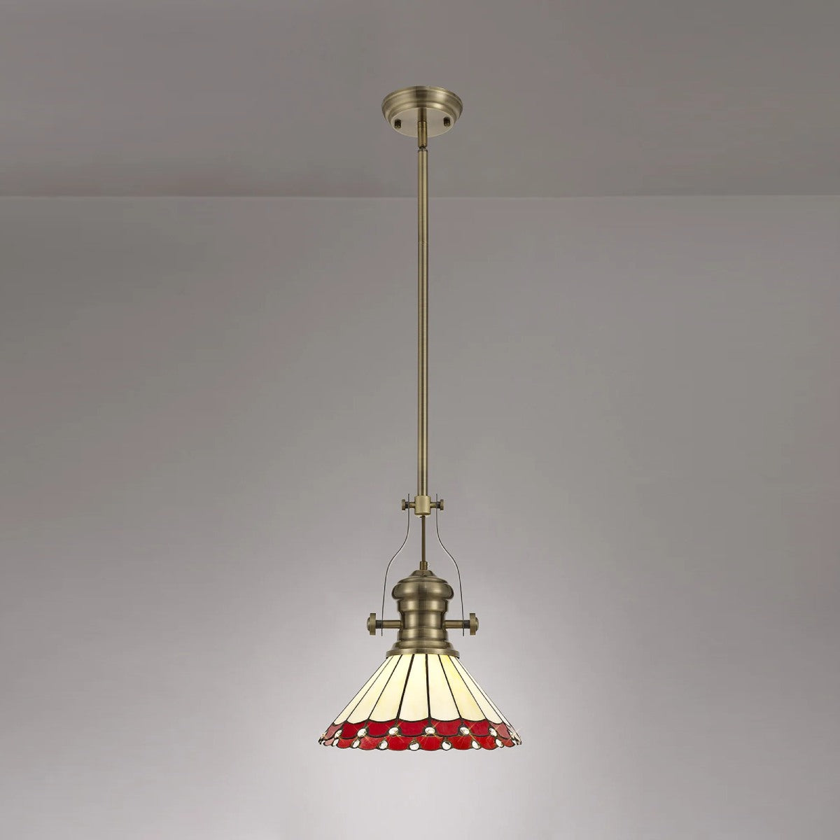 Novena Livin Ursula 1 Light Tiffany Telescopic Pendant with 30cm Shade in Antique Brass Red Cream Crystal