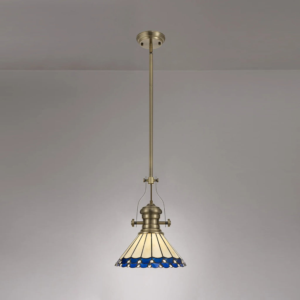 Novena Livin Ursula 1 Light Tiffany Telescopic Pendant with 30cm Shade in Antique Brass Blue Cream Crystal