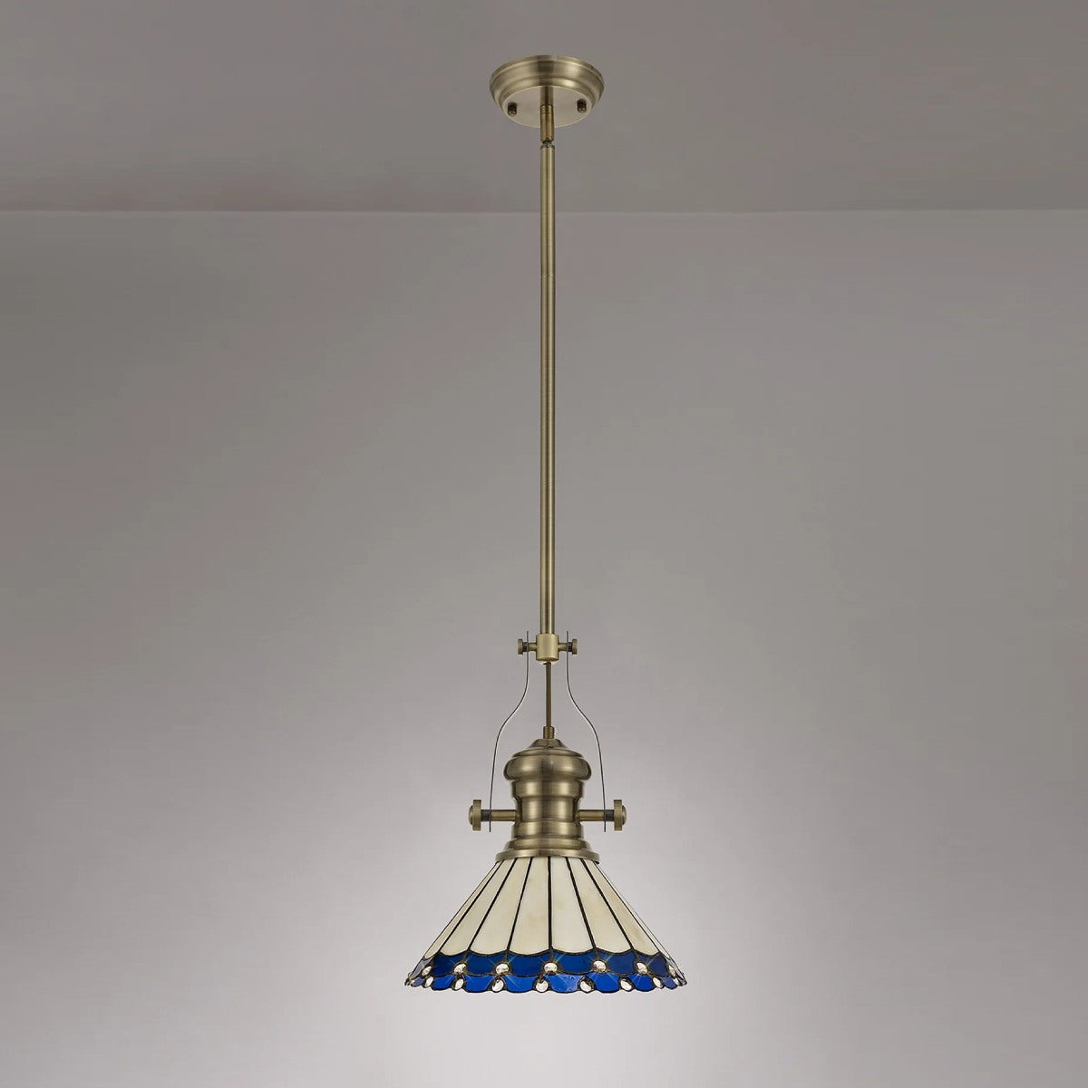 Novena Livin Ursula 1 Light Tiffany Telescopic Pendant with 30cm Shade in Antique Brass Blue Cream Crystal