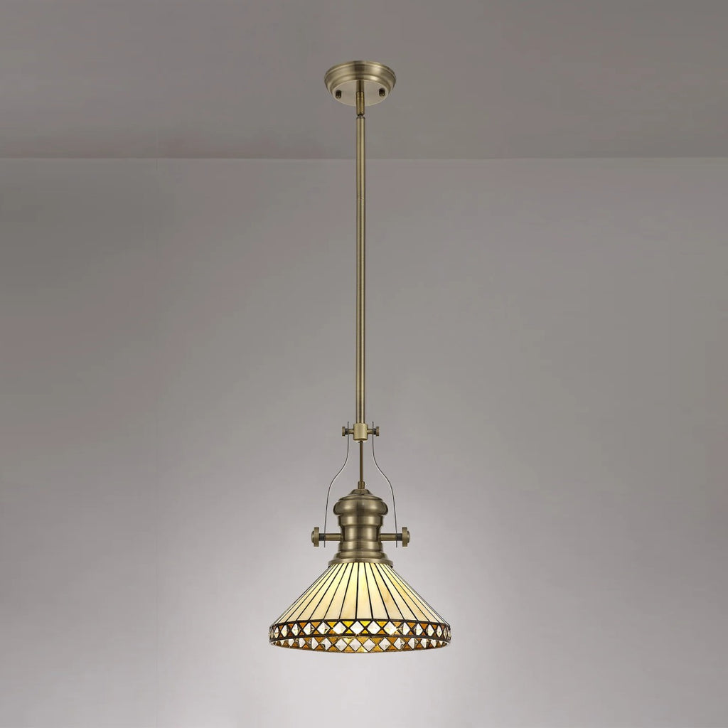 Novena Douai Tabitha 1 Light Tiffany Telescopic Pendant with 30cm Shade in Antique Brass Amber Cream Crystal