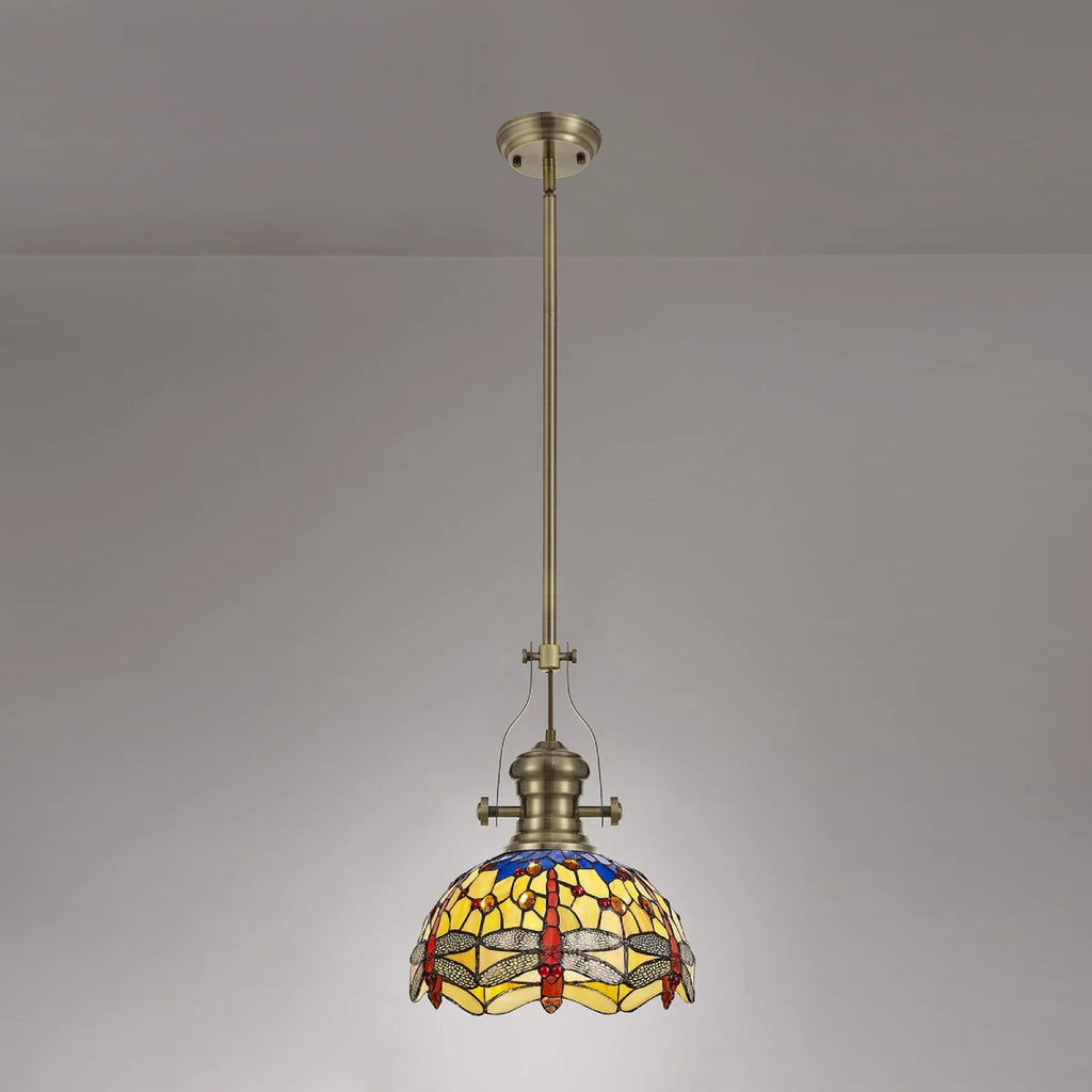 Novena Kourou Harla 1 Light Tiffany Telescopic Pendant with 30cm Shade in Antique Brass Blue Orange Crystal