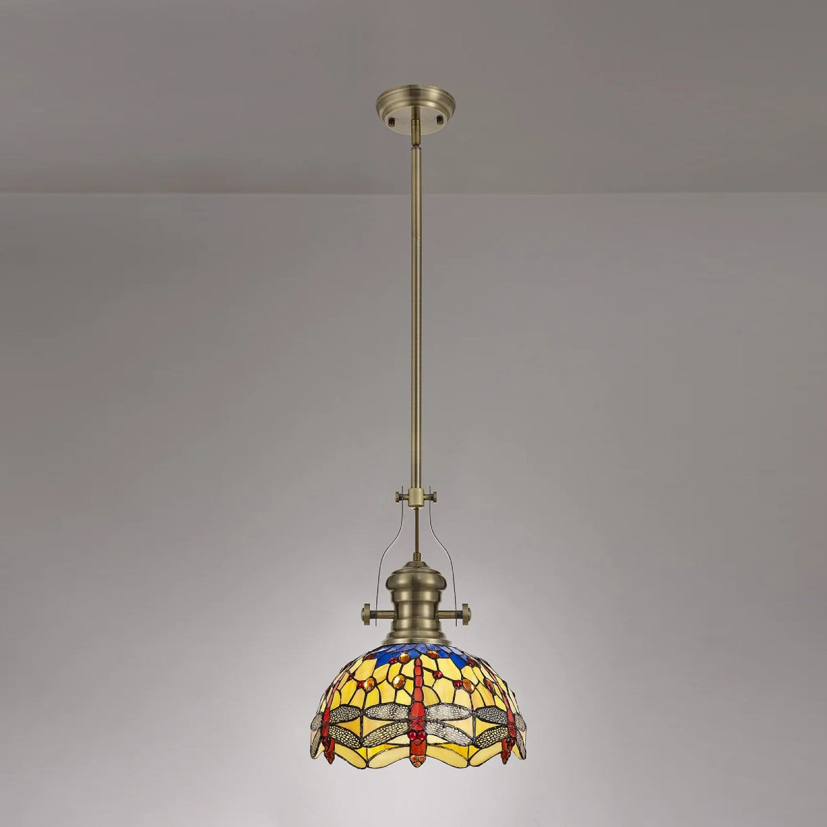 Novena Kourou Harla 1 Light Tiffany Telescopic Pendant with 30cm Shade in Antique Brass Blue Orange Crystal