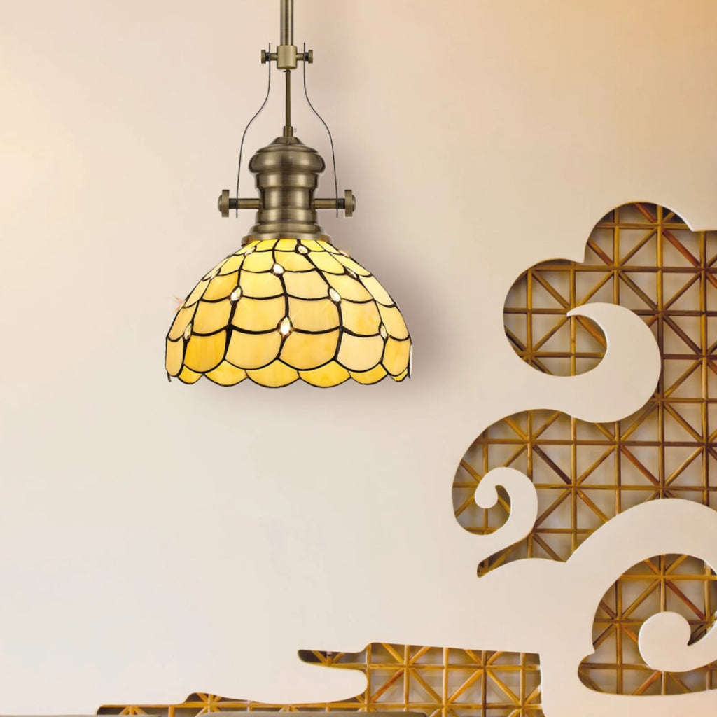Novena Amboise Amboise 1 Light Tiffany Telescopic Pendant with 30cm Shade in Antique Brass Beige Clear Crystal
