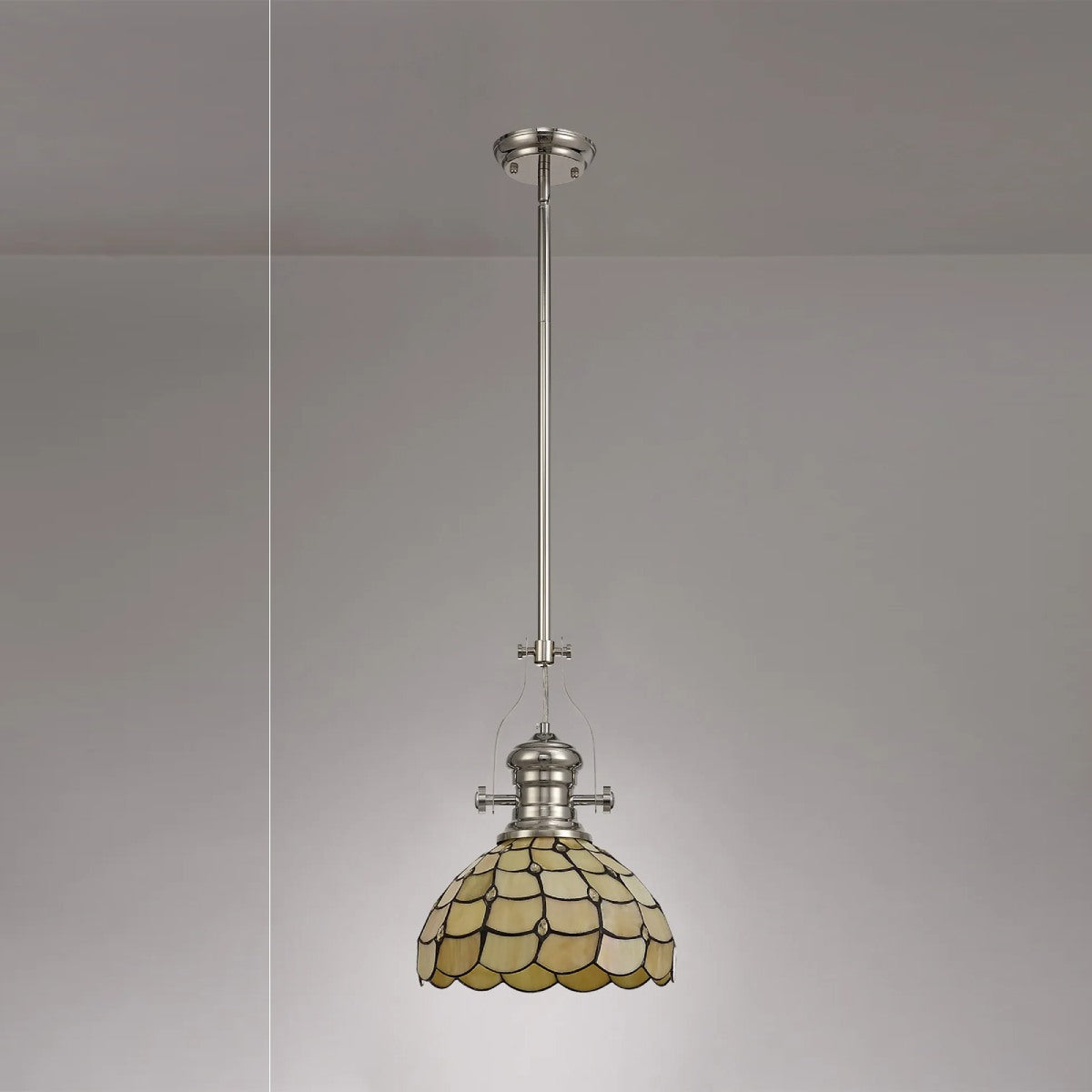 Novena Amboise Amboise 1 Light Tiffany Telescopic Pendant with 30cm Shade in Polished Nickel Beige Clear Crystal