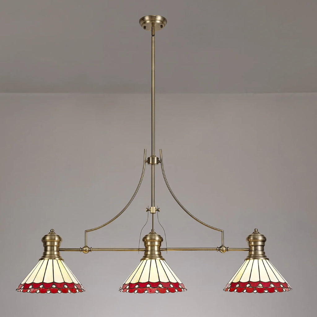 Novena Livin Ursula 3 Light Tiffany Telescopic Pendant with 30cm Shade in Antique Brass Red Cream Crystal