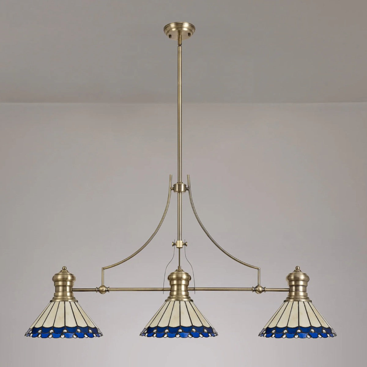 Novena Livin Ursula 3 Light Tiffany Telescopic Pendant with 30cm Shade in Antique Brass Blue Cream Crystal