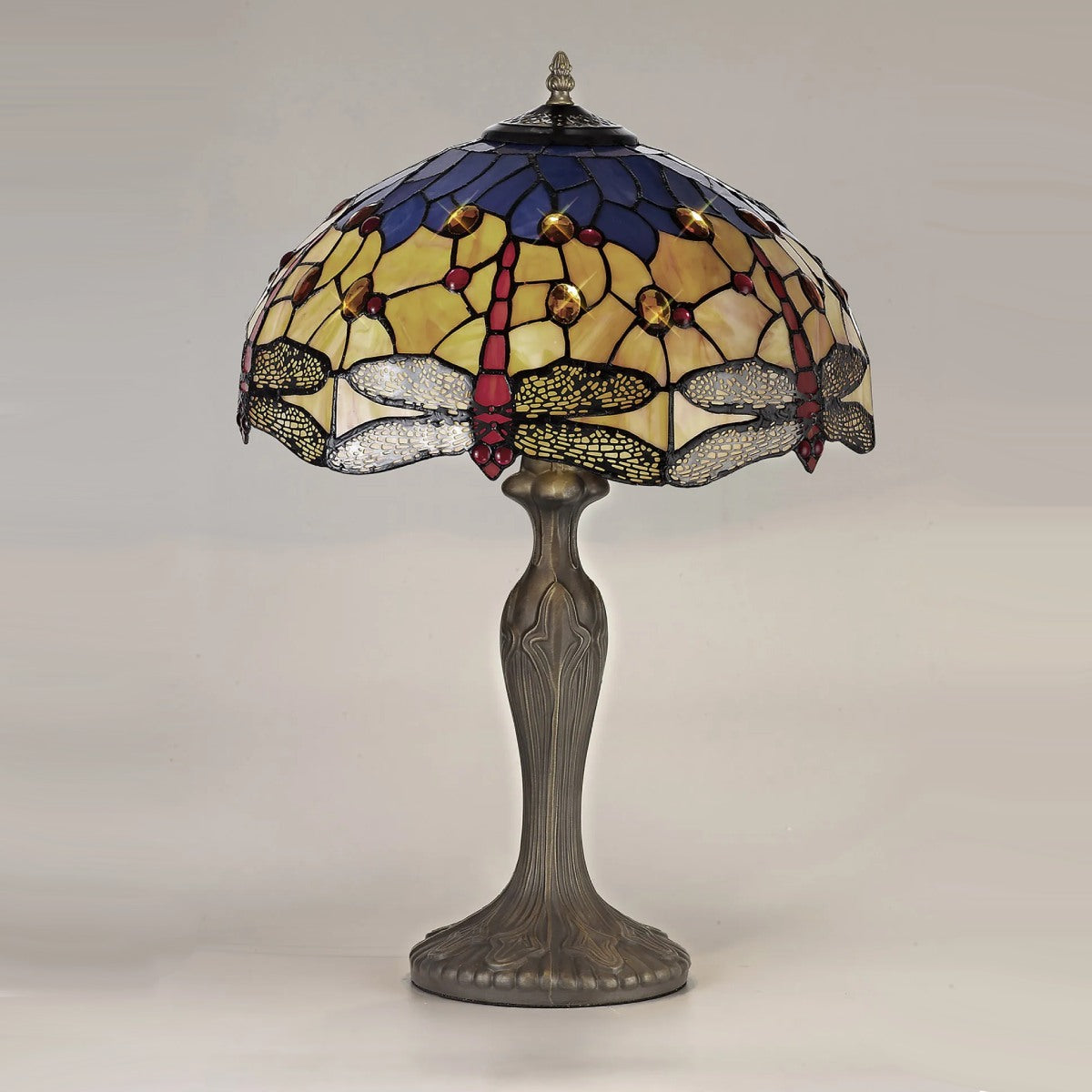 Novena Kourou 2 Light Tiffany Curved Table Lamp with 40cm Shade in Blue Orange Crystal Aged Antique Brass