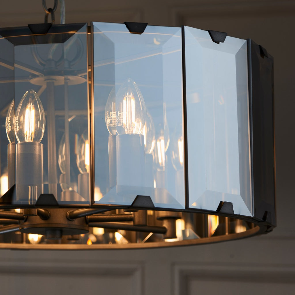Endon Clooney Large 8 Light Pendant Light with Smoked Glass and Grey Frame