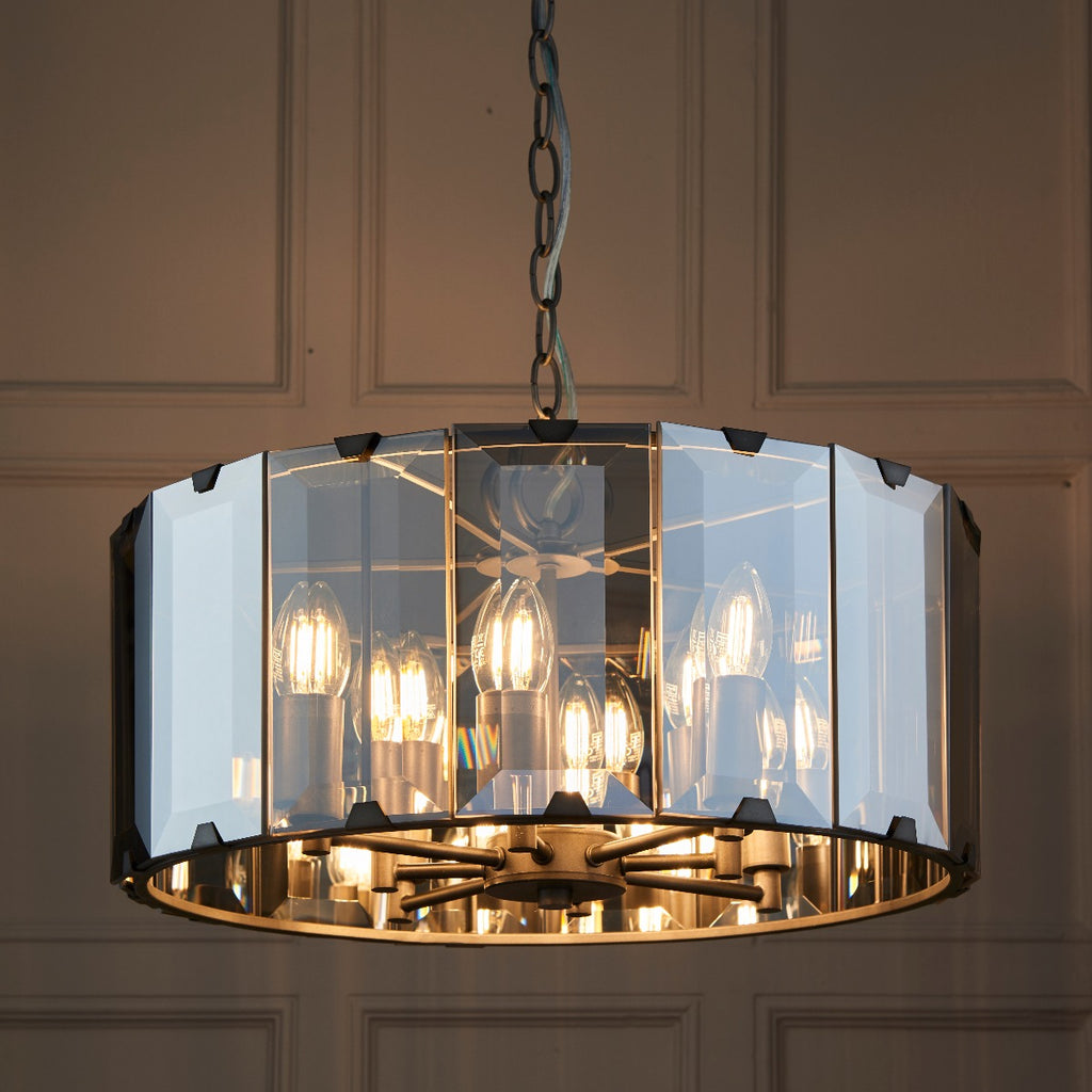 Endon Clooney Large 8 Light Pendant Light with Smoked Glass and Grey Frame