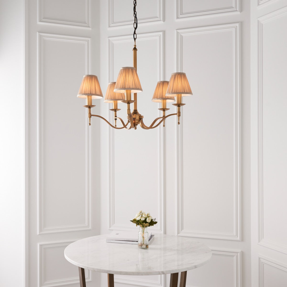 Interiors 1900 Stanford 5 Light Pendant Light in Antique Brass with Beige Shade